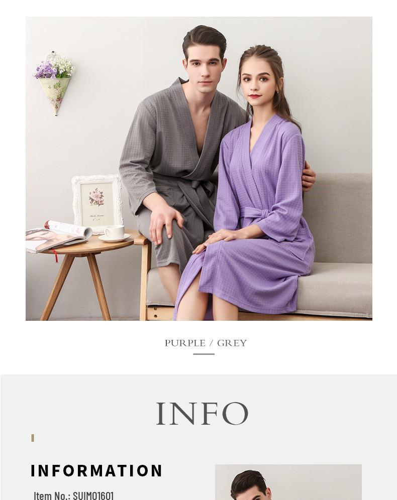 Spring-Summer Waffle Bathrobe: Unisex, Lightweight, 3/4 Sleeves, Korean Style, Absorbent