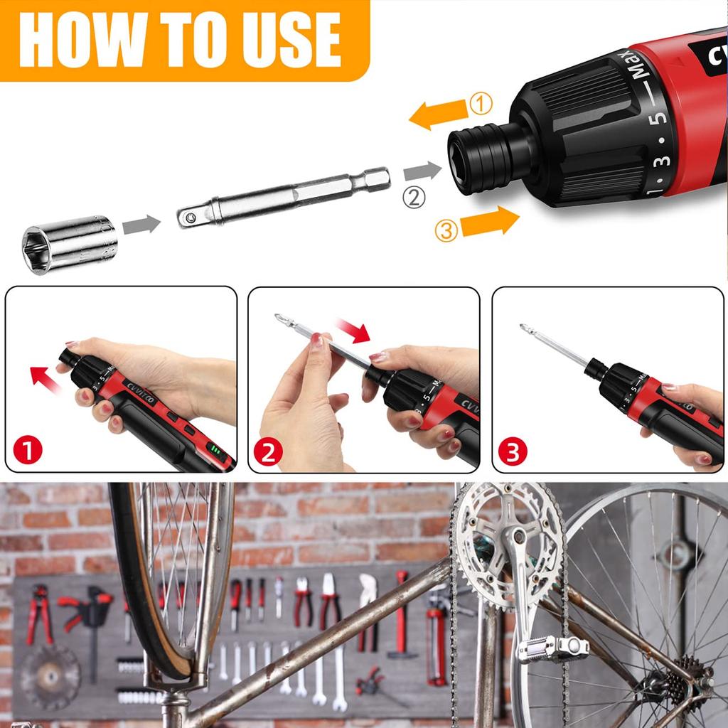 CVVITOO Электрическая отвертка Беспроводная отвертка USB-зарядка Набор отверток Torque 11 бит для отверток 3 спиральных сверла 5 торцевых гаек Flex Hex