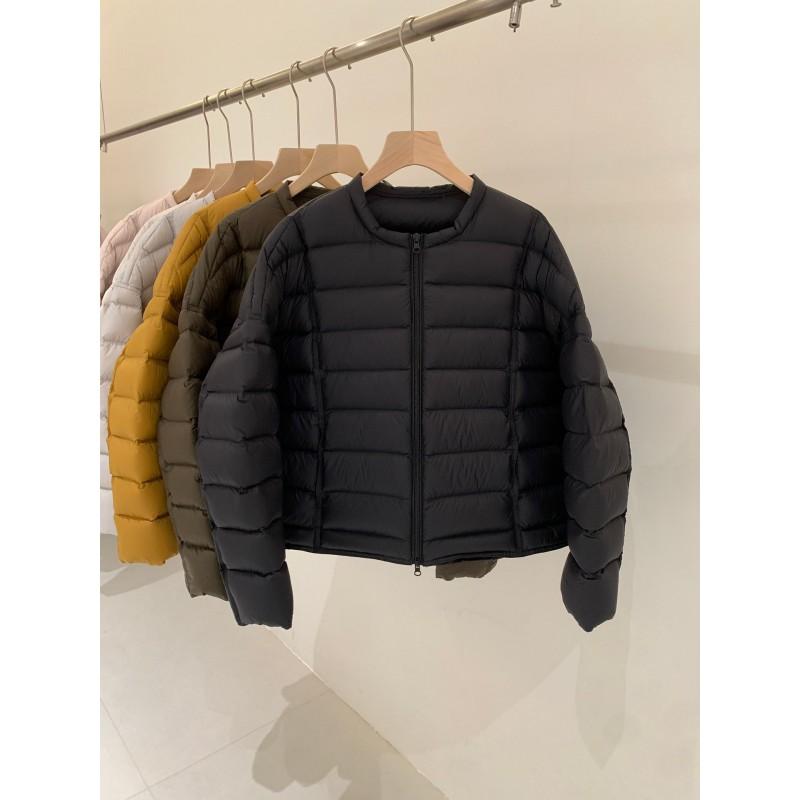 Womens Short Puffer Jacket No Collar Loose Fit 90% White Duck Down Fill Casual Streetwear Outerwear