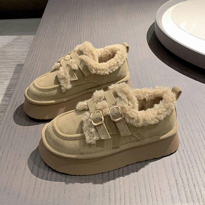 Platform cotton shoes for women to wear in winter, new fashionable lazy people with one foot, snow cotton shoes, retro velvet Birkenstocks