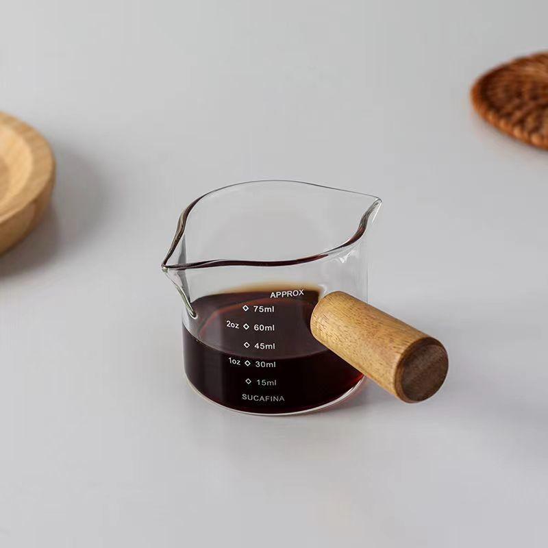 Glass Measuring Cup Wood Handle Glass Espresso Measuring Cup Single Milk Coffee Clear Jug Coffee Supplies Kitchen Measure Mug