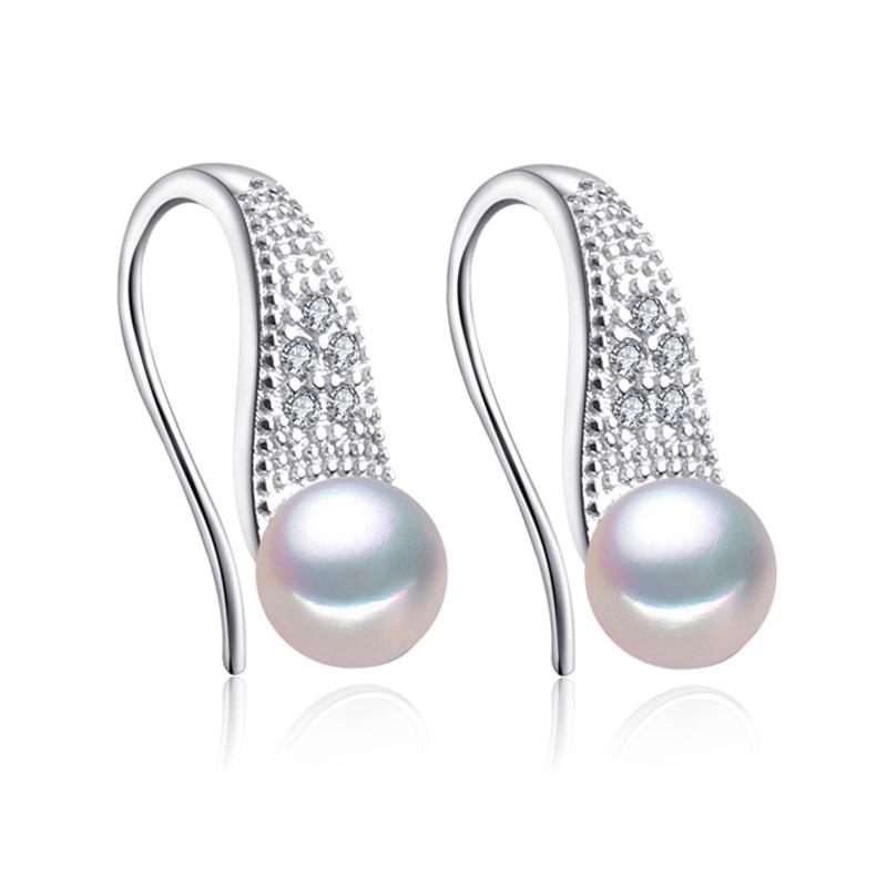 LSOOYH 8-9mm Natural Freshwater Pearl Earrings Classic Cubic Zirconia CZ Earrings For Women