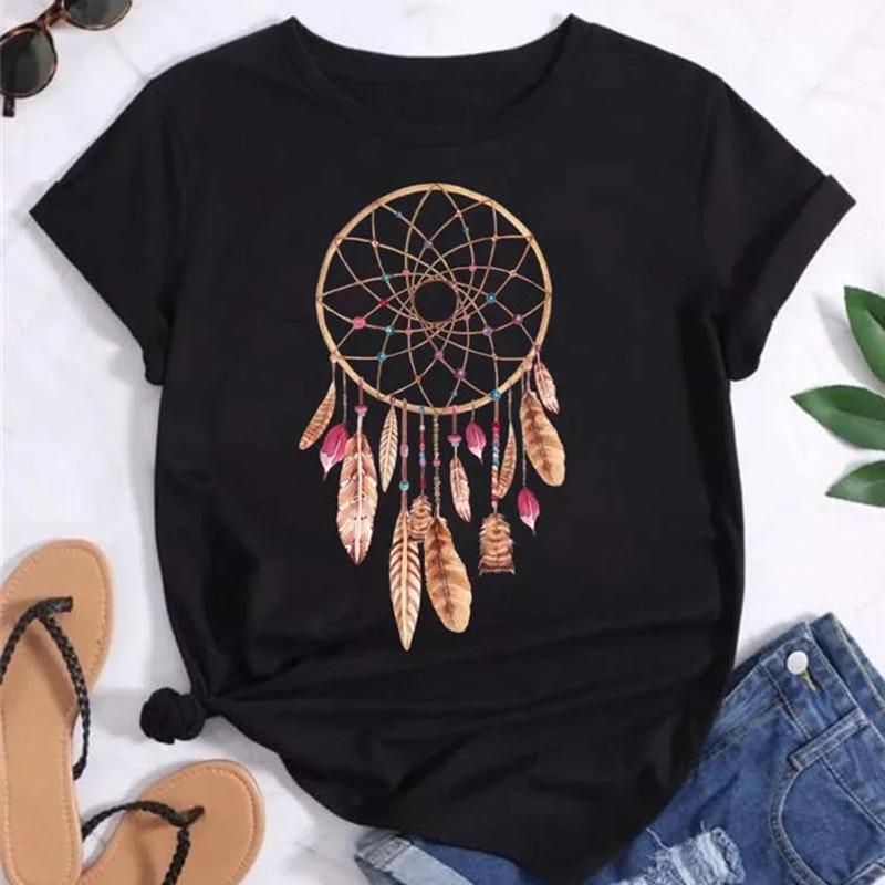 Women Fashion T Shirt Girl Harajuku Feather Printing Graphic Tees Shirt Femme Dream Catcher Women's T-shirt Clothes Tops