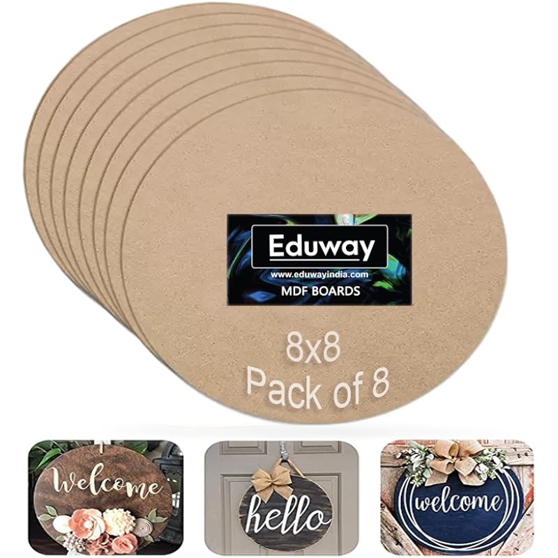 Eduway 8X8 Inch Round Mdf Board Wood Sheet For Craft Art, 4Mm Thick, Pack Of 8 - Premium Pine Cardboard For Artists, Art