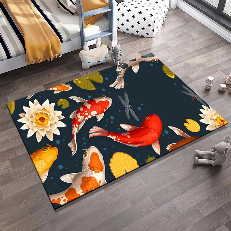 Colorful Koi Fish and Lotus Flower Print Carpet for Living Room Decor Suitable for use as an anti-slip for living room bedroom sofas
