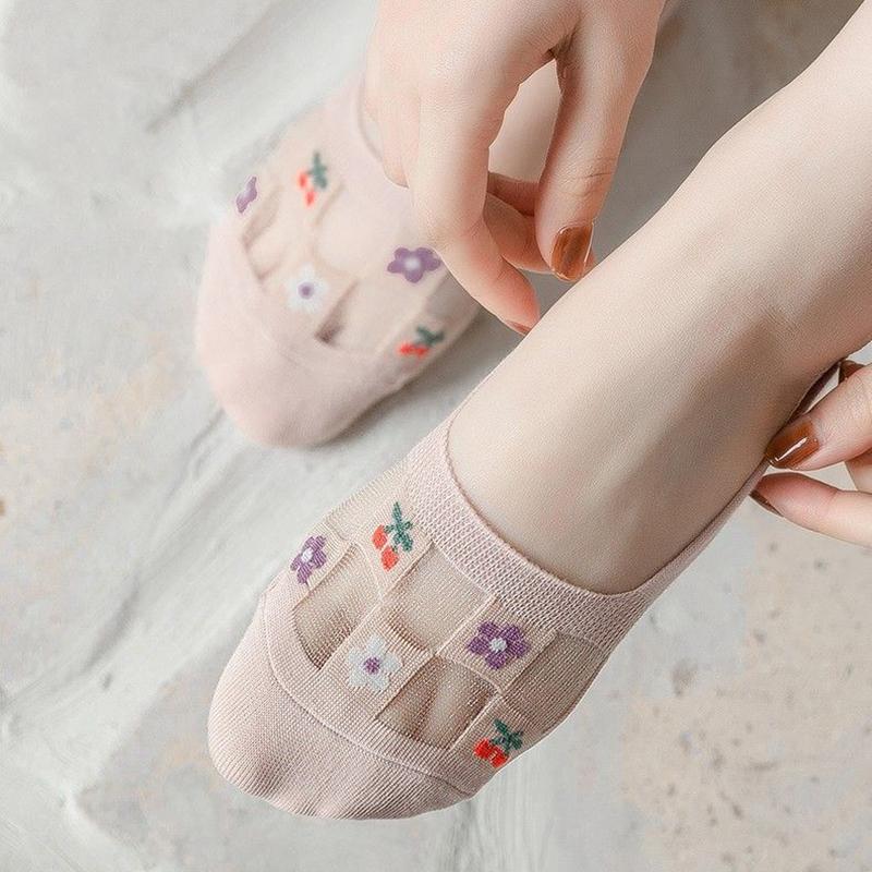 Women Mesh Flower Socks Silicone Anti-slip Invisible No Show Socks Summer Ultra-thin Breathable Sock Low Cut Boat Socks