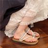 Fashion Summer Crystal Flower Toe Slipper Women's Fashion Round Head Sequin Thin Band Soft Soled Non-slip Flat Shoes