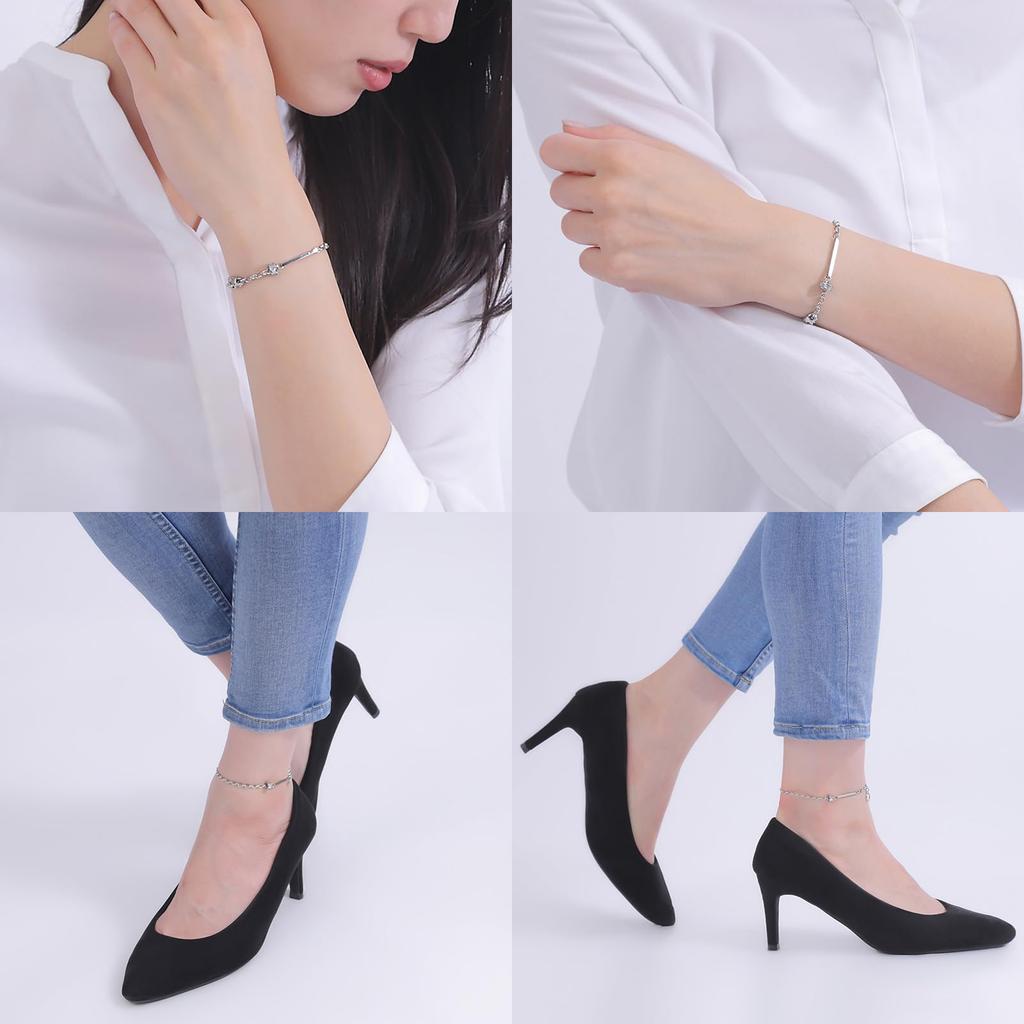 Парный браслет-ножной браслет 2 в 1 Набор из 2 штук Хирургическая сталь 316L Ракушка Пластина Кольцо Белый Черный [Белый Клевер] 15-23см/16-26см 4SBR053WH&4SBR053BK