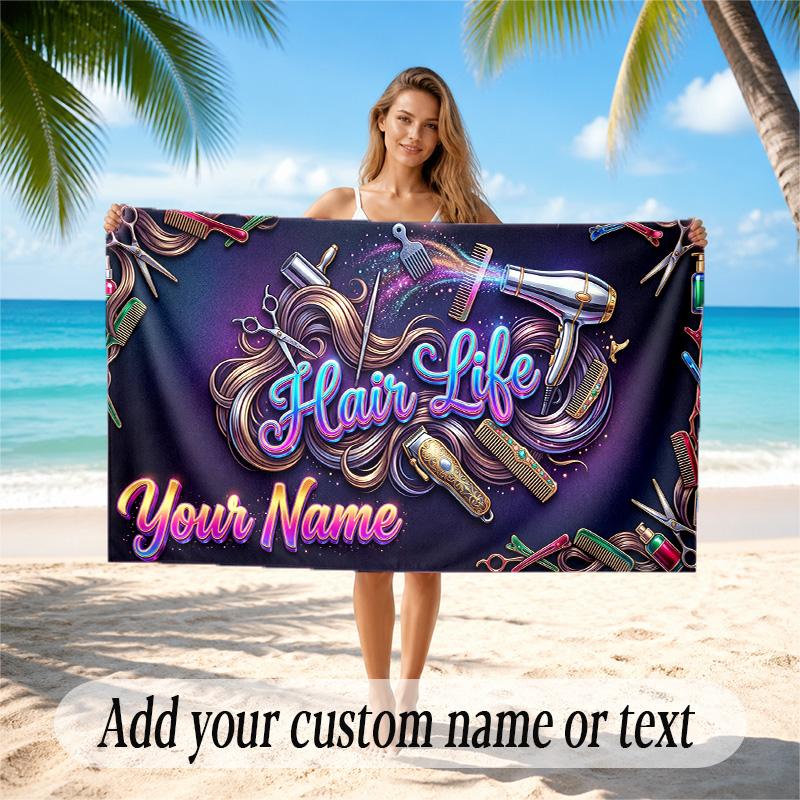 Barber Salon Theme Quick Dry Beach Towel Custom Name Text Print Large Sand Resistant Towel Beach Vacation