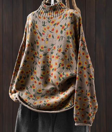 Johnature Женский зимний принт свободный ленивый свитер с длинными рукавами в китайском стиле, повседневный свитер с воротником-стойкой