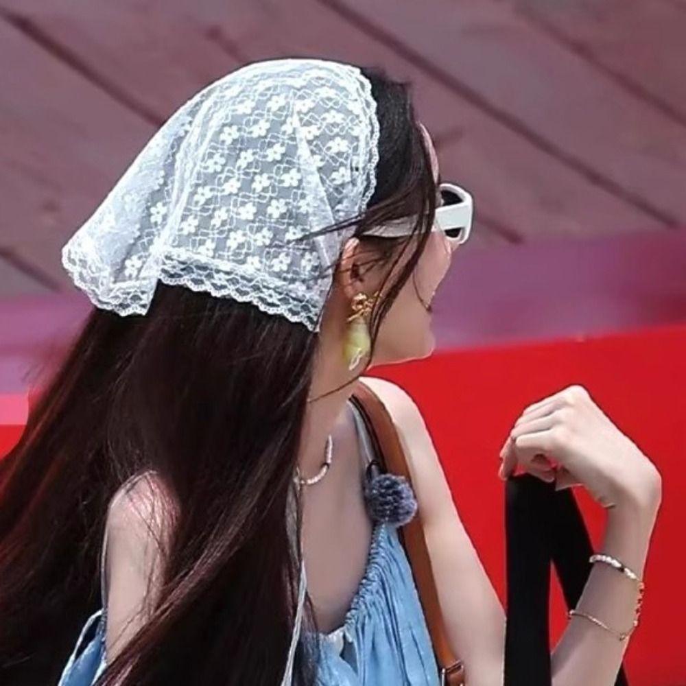 Solid Color Lace Headscarf Triangular Shape Pastoral Style Scarf Summer Season
