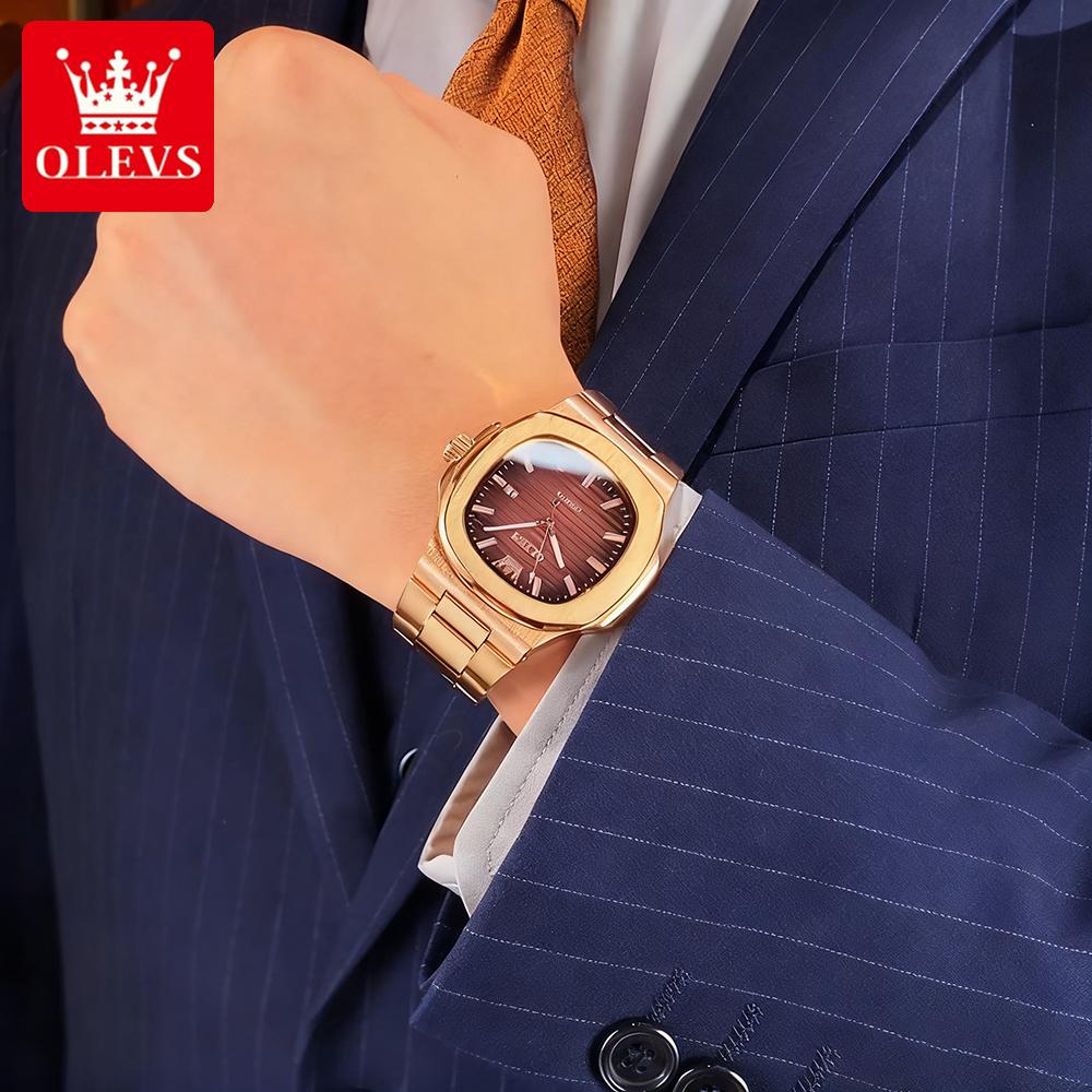 OLEVS Men's Watches Classic Luxury Rose Fine Steel Original Quartz Wristwatch Texture Dial Waterproof Luminous Date Fashion New