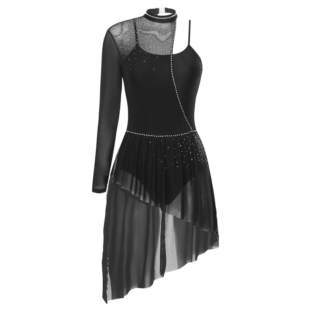 Womens Asymmetrical Lyrical Dancewear Long Sleeve Spaghetti Straps Patchwork Irregular Hem Dresses