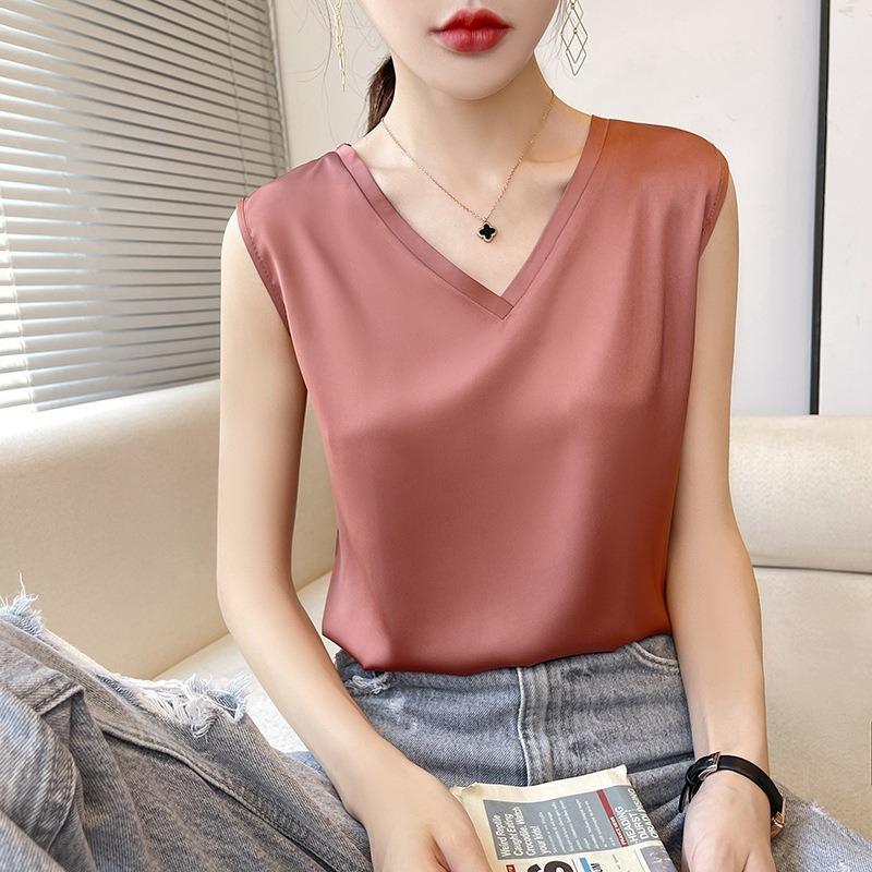 Women's Summer Vest Silk Slim V-neck Broad Shoulder Crop Inner Sleeveless Tops