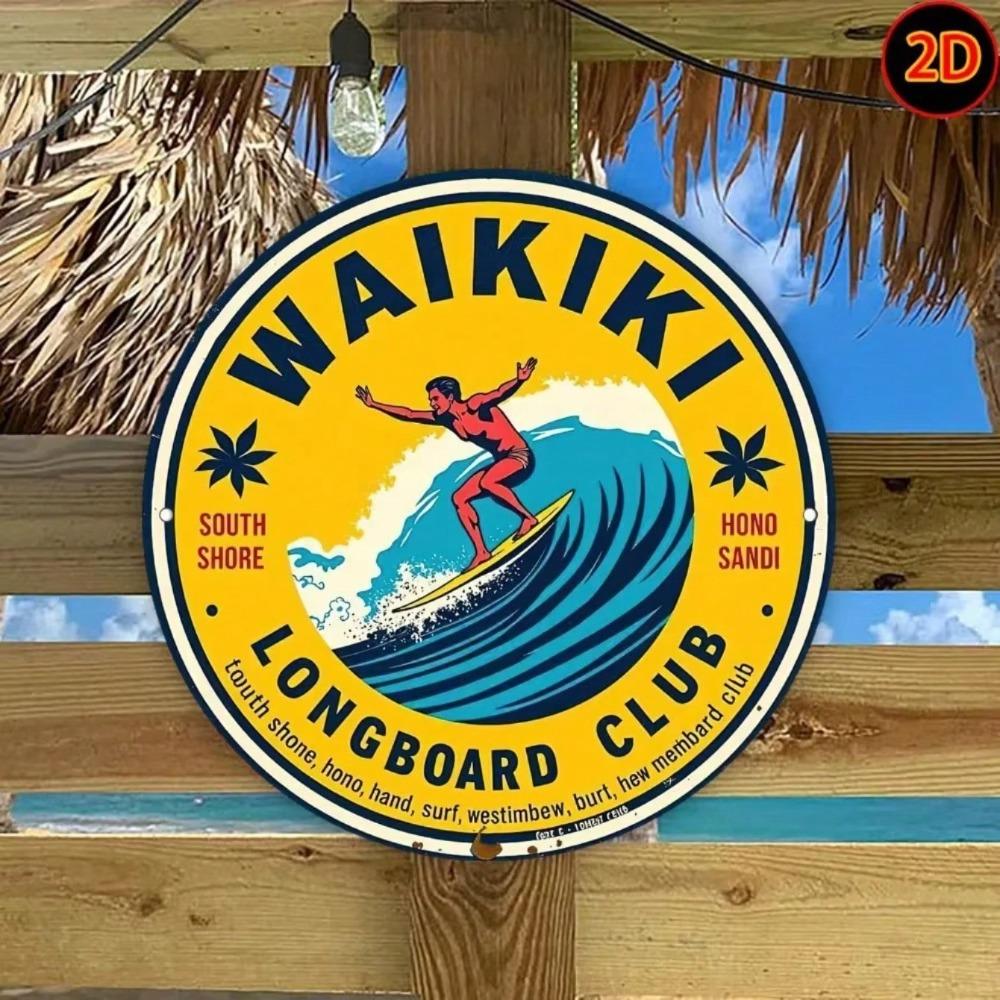 Винтажная металлическая вывеска Waikiki Longboard Club Круглая настенная арт-декор для серфинга Железный пляжный декор для дома