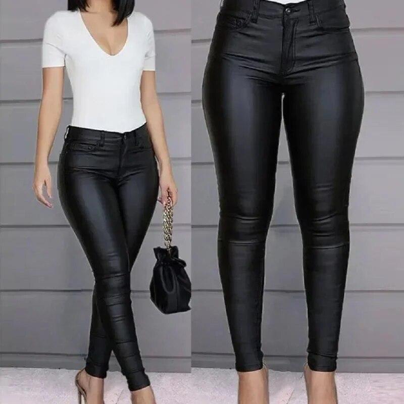 Fashion PU Leather Woman Pants Autumn Black Casual Office Lady Pencil Pants Women Leggings Winter Solid High Waist Trouser 24377
