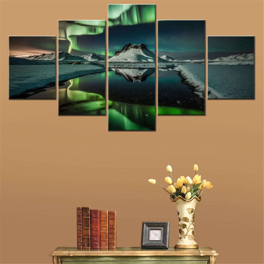 5 Pieces Canvas Wall Arts Poster Painting Nature Aurora Borealis Winter Wallpaper Home Decor Picture Printing Mural Artwork