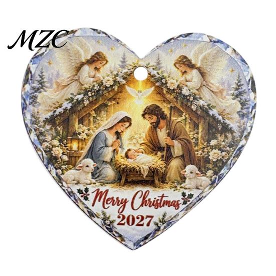 Vintage Style Holiday Hanging Tags Wooden Nativity Ornament for Christmas Tree Decorations, Retro Religious Heart Shape Gifts Scene Garland Decoration