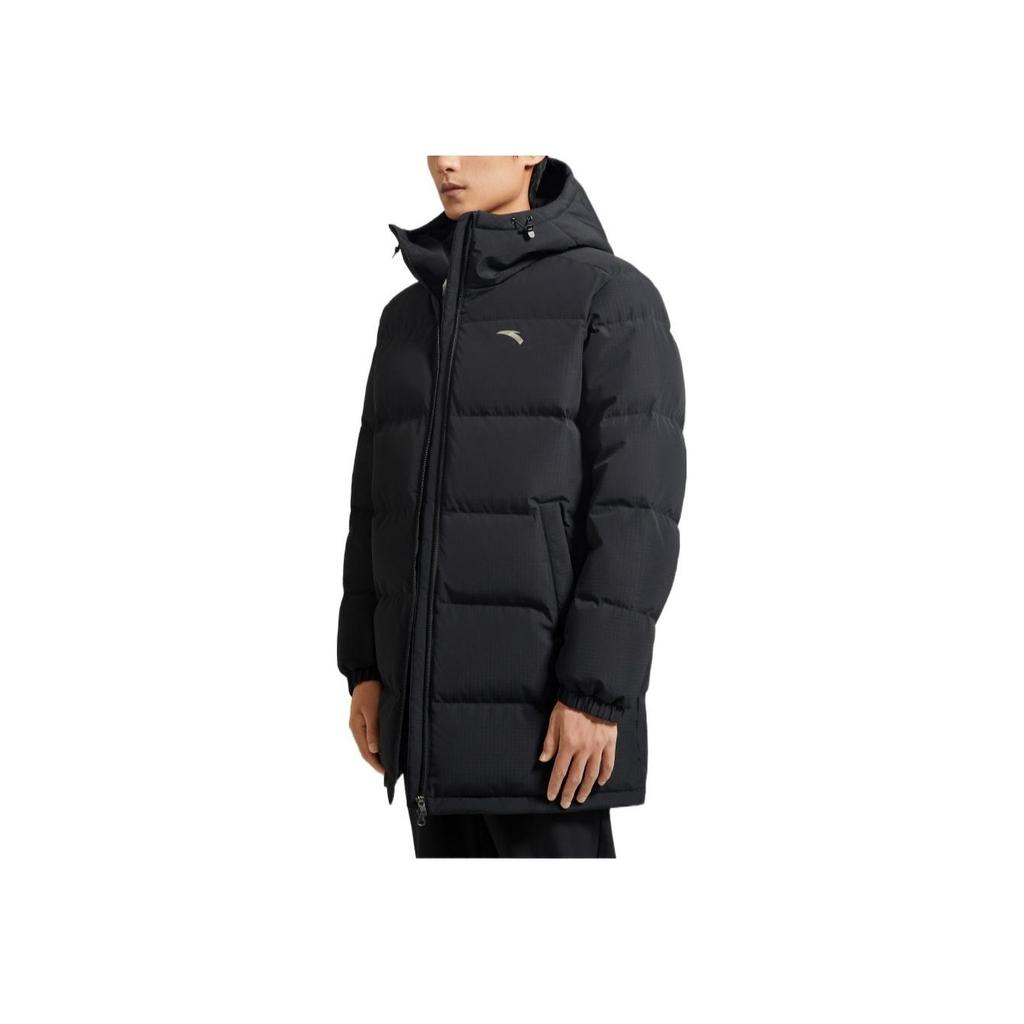 Anta FW22 Сплошной цвет с принтом логотипа, длинный пуховик на молнии с капюшоном, мужская верхняя одежда, черный 952247976-2