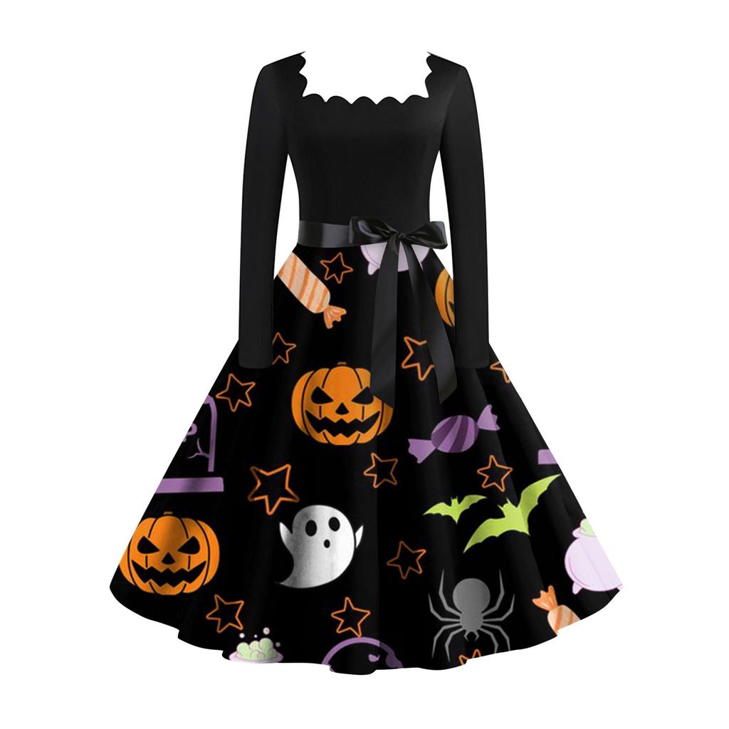 Женское повседневное модное винтажное платье с длинным рукавом и принтом на Хэллоуин