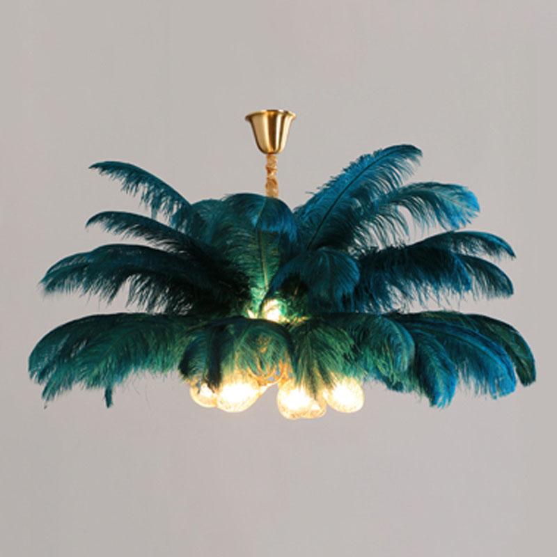 Lampu Gantung LED Bulu Burung Unta Alami Lampu Gantung Kamar Tidur Gantung Lampu Dekor Pencahayaan Restoran Lampu Gantung