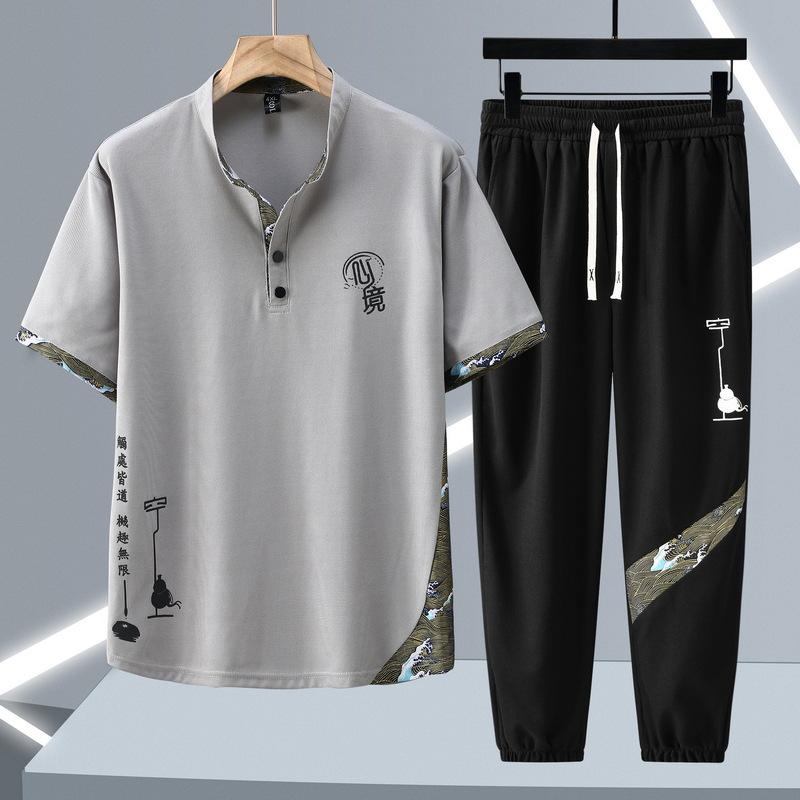 Men's Set Lightweight Breathable Short Sleeve Set Short Sleeve + Sweatpants 2 Piece Loose Set