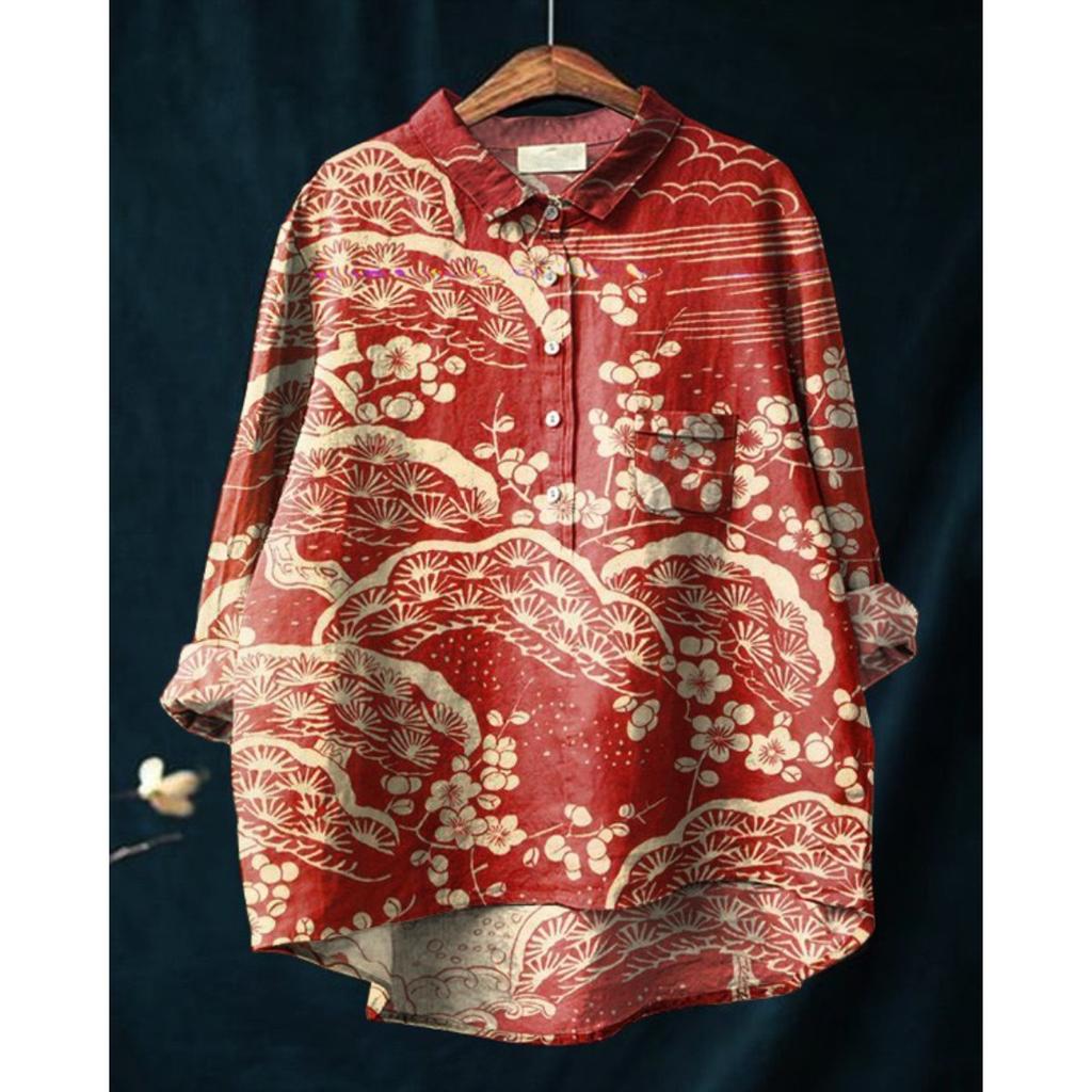 Женская повседневная свободная рубашка на пуговицах с цветочным принтом - Узор 'Косяк рыб'