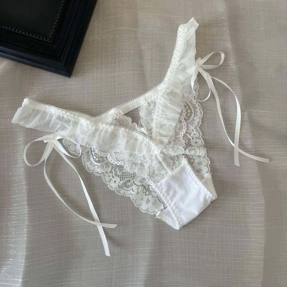 Bow Ribbon Lace Flower Transparent Briefs Mesh Female Lingerie Ruffle Floral Bowknot Panties Girl