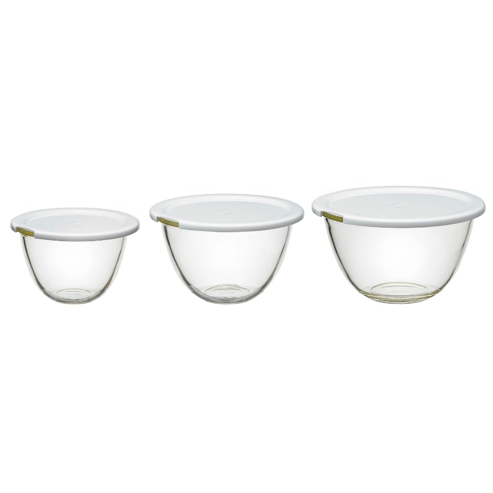 HARIO Heat-Resistant Glass Bowls with Microwave Lids, Set of 3 (900ml, 1500ml, 2200ml), BUONO Kitchen Multi Bowl, Clear, Made in Japan, MXPF-4904-W