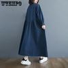 Свободное весеннее синее джинсовое платье с длинным рукавом, женские повседневные винтажные однотонные универсальные длинные платья с круглым вырезом, уличная одежда