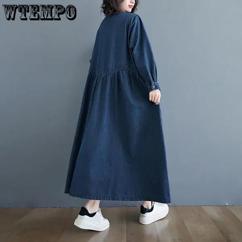 Свободное весеннее синее джинсовое платье с длинным рукавом, женские повседневные винтажные однотонные универсальные длинные платья с круглым вырезом, уличная одежда