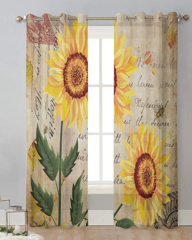 Retro Shabby Sunflower Sheer Curtains for Living Room Decoration Window Curtains for Kitchen Tulle Voile Organza Curtains