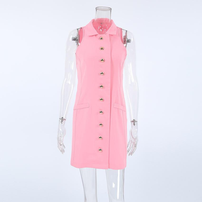 Summer versatile commuter style sleeveless lapel slim and thin solid color classic fake pocket dress short skirt women