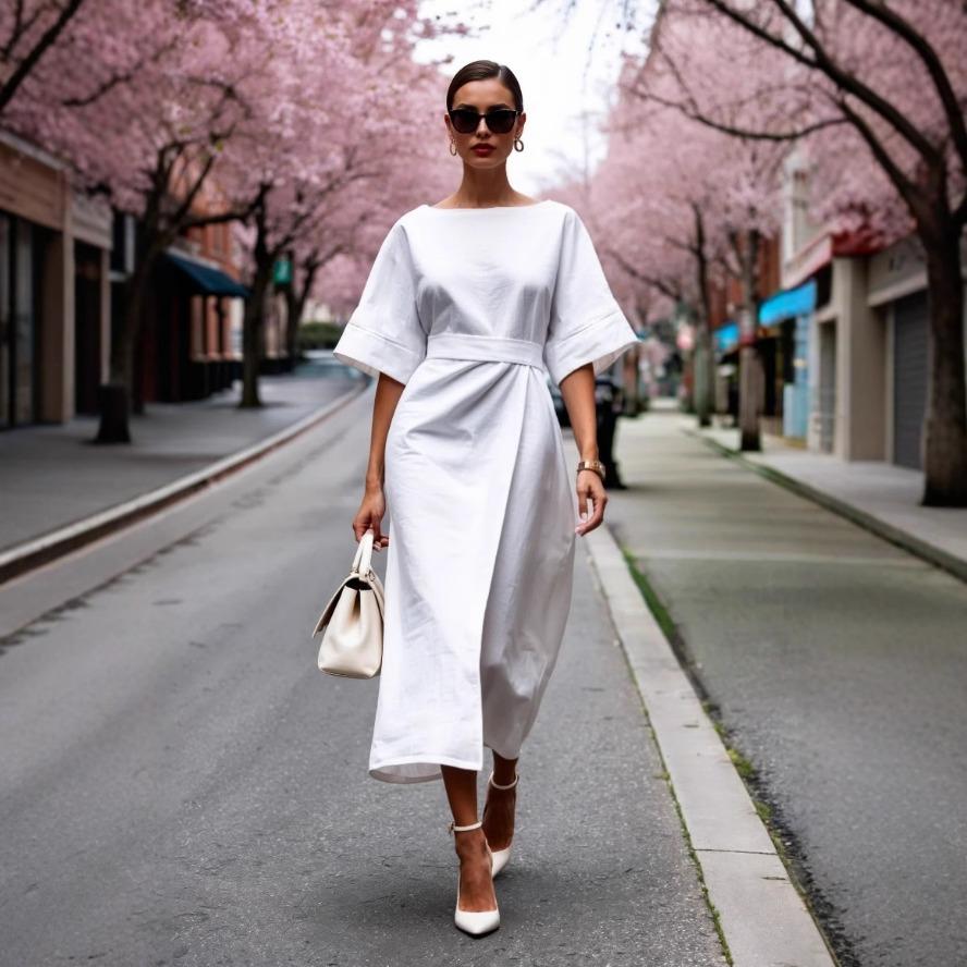 YYFS Женская мода лето весна однотонный принт с рукавами 1/2 и круглым вырезом с высокой талией повседневные платья