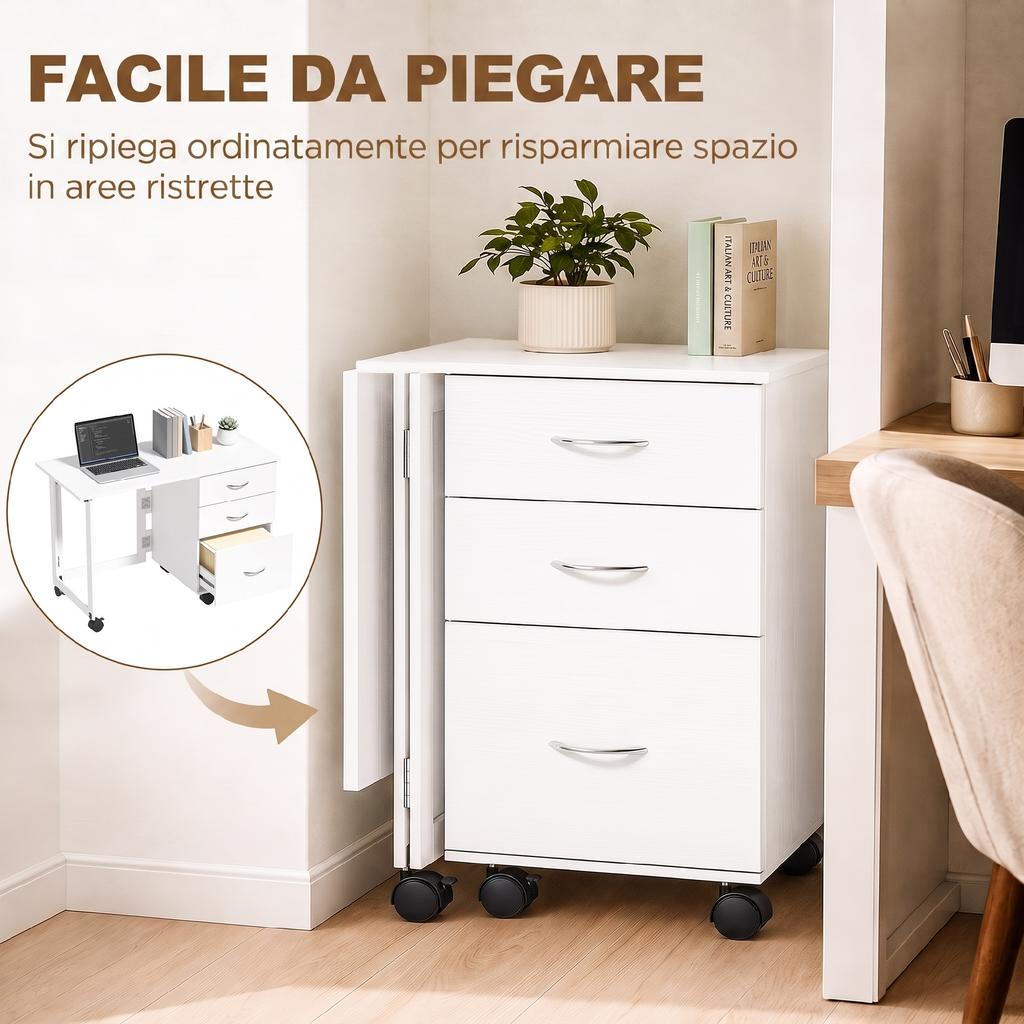 Folding Office Desk with 3 Drawers, 4 Wheels with Brake, White
