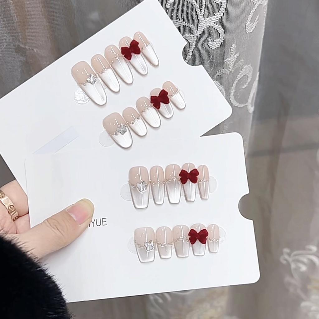 Чисто ручная работа Фототерапия Носит Ногти Красный Бархатный Бант Готовое изделие Многоразовый Накладной Ноготь