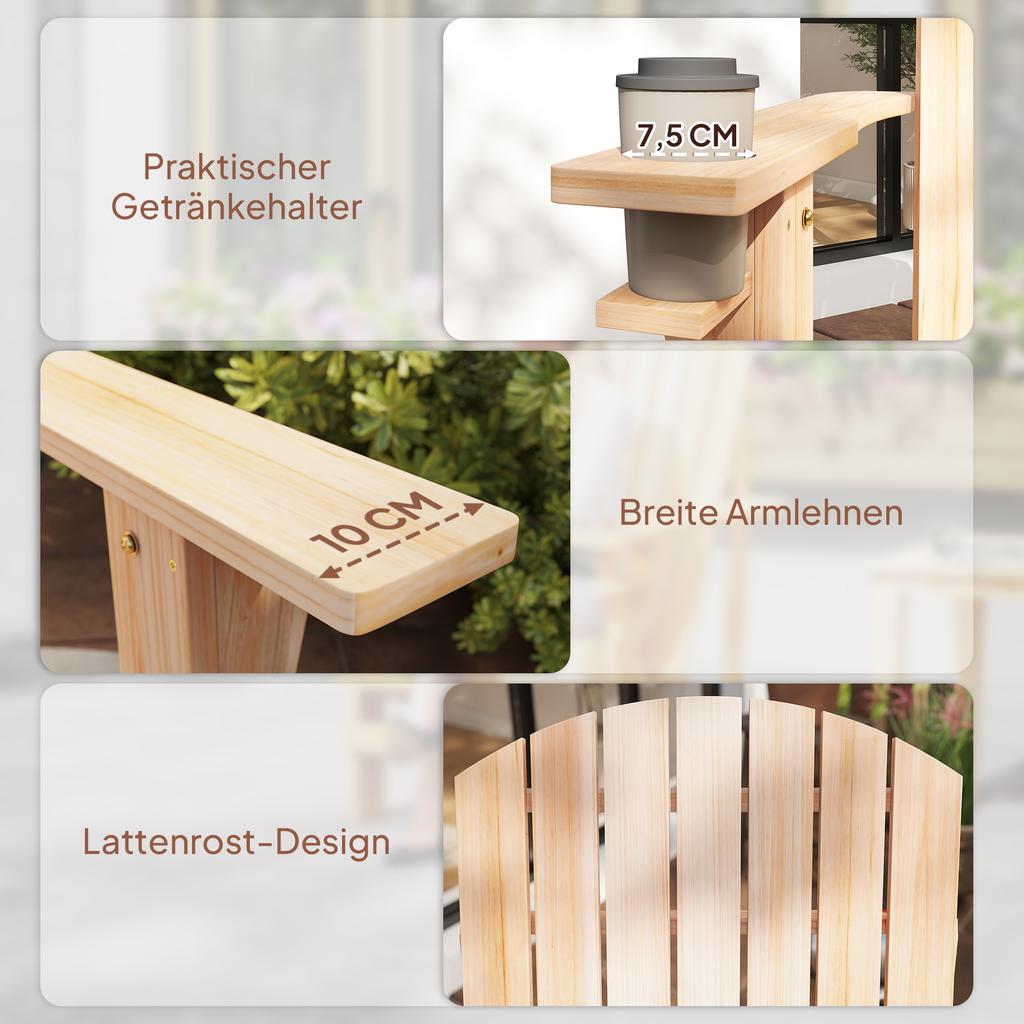 Adirondack Garden Chair with Cup Holder, Garden Lounger, Balcony Chair, Solid Wood, Natural, 72 x 95 x 93 cm