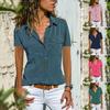 Women Casual Shirt Lapel Short Sleeve Flap Pockets Single Shirt Solid Color Fit Breasted Slim Office Lady