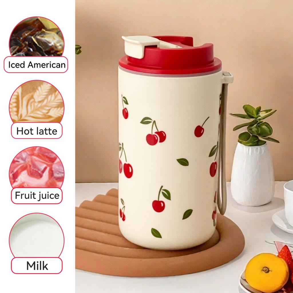 350/400ml Tumbler Plastic Water Cup With Rope Cherry Pattern Milk Coffee Mug Reusable Water Bottle For Student School Travel