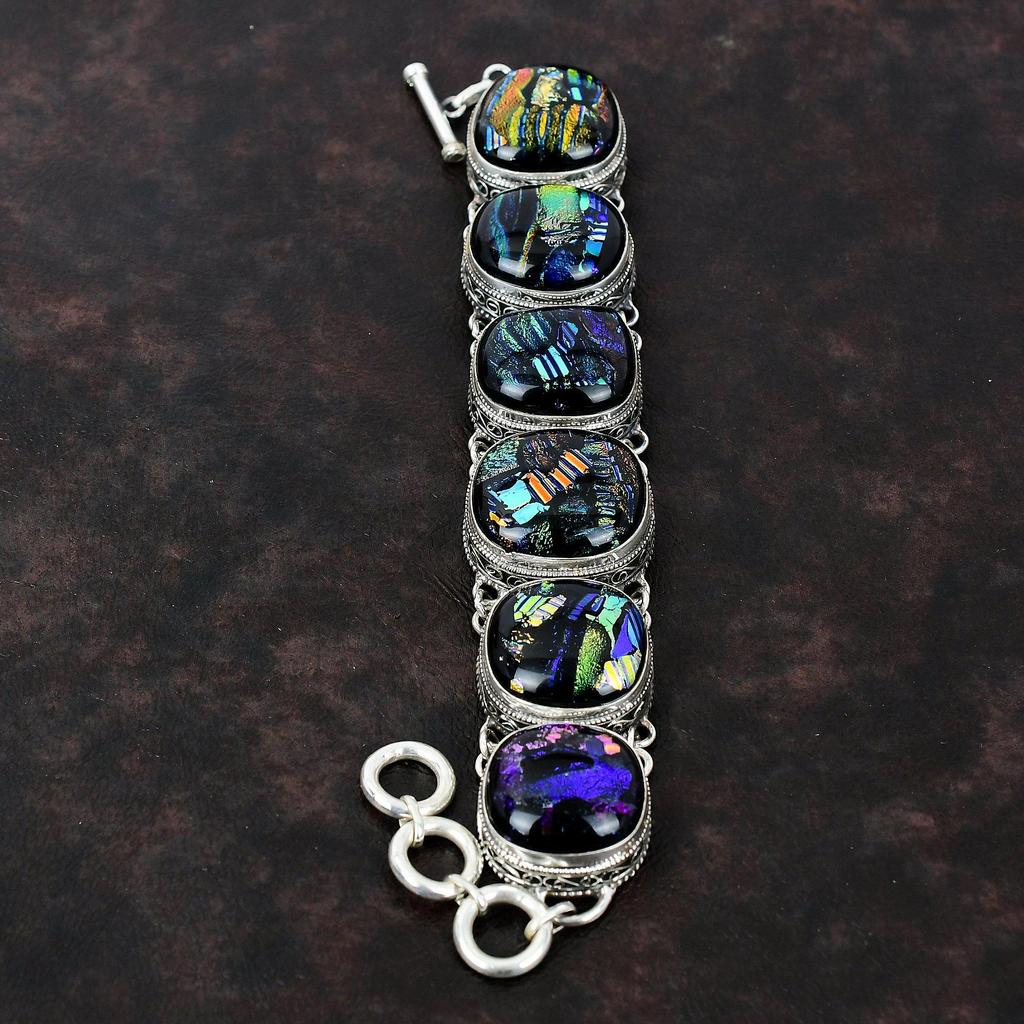 Браслет из американского дихроичного стекла, браслет из стерлингового серебра 925 пробы, регулируемый браслет-цепочка ручной работы, браслет из драгоценных камней, винтажные ювелирные изделия для подарка