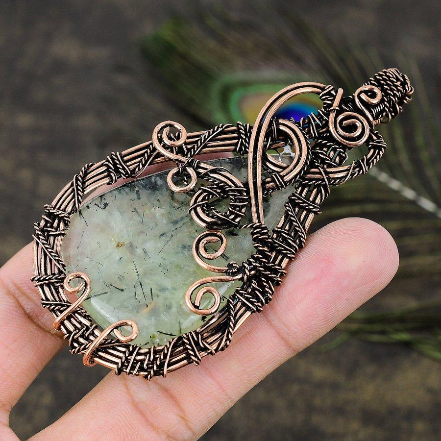 Prehnite Gemstone Copper Wire Wrap Jewelry Pendant 3.74