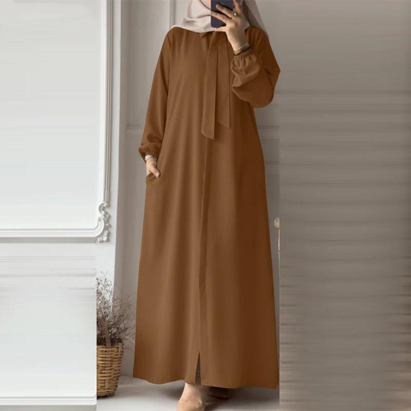 Женское однотонное платье большого размера с длинными рукавами и лацканами свободного покроя