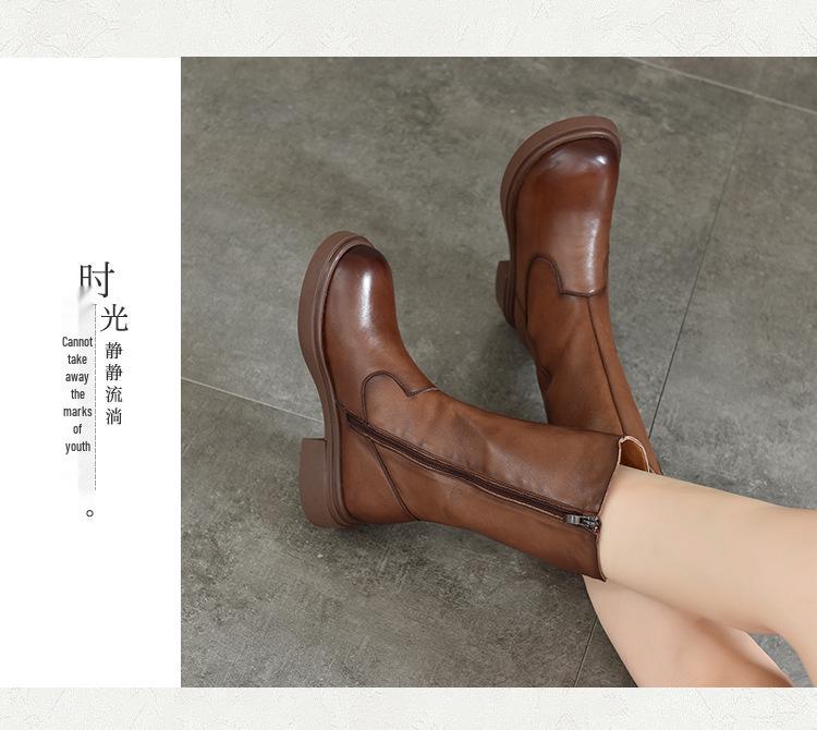 Ботинки-жокеи из натуральной кожи до середины икры с боковой молнией, женские ботинки на среднем каблуке из коровьей кожи с флисовой подкладкой, осень/зима 2025.