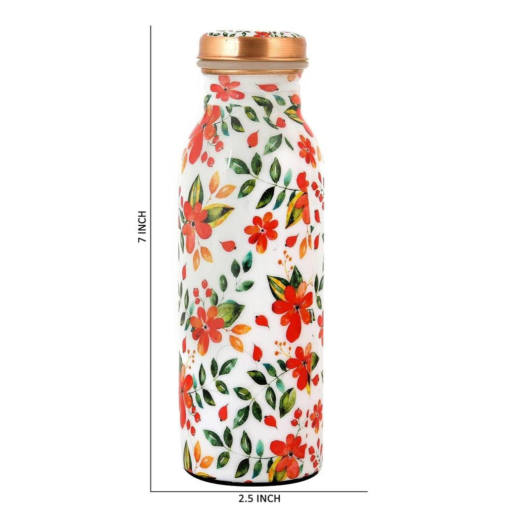 Flower Printed Pure Copper Water Bottle, Durable & Rust Free Copper Vessel, Anti-Oxidant Material, Ideal for Home and Office Purpose - 500 Ml
