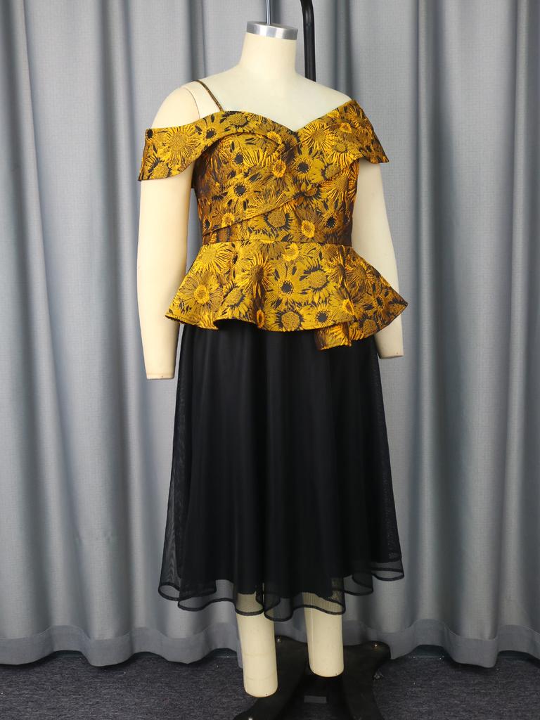 Комплекты из двух вещей для женщин: топ-пеплум с открытыми плечами и сетчатая юбка А-силуэта с цветочным жаккардом для коктейльной вечеринки и особого случая