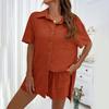 2 шт./компл. женская рубашка и шорты, комплект однотонной блузки с короткими рукавами и нагрудным карманом с лацканами