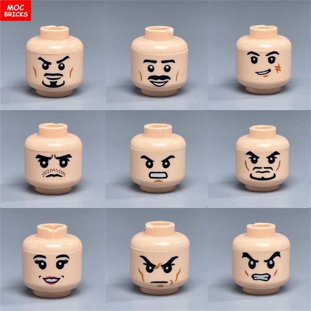 10pcs MOC Bricks Printed Head Beard Men Woman Face Cool Expression Building Blocks Model Kids Toys Gifts