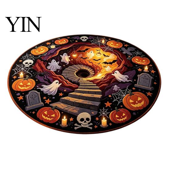 Holiday Party Rug 3D Illusion Halloween Rug, Spooky Ghost Round Area Non-Slip Unique Seasonal Decor Floor Mat for Living Room Bedroom Entrance Home