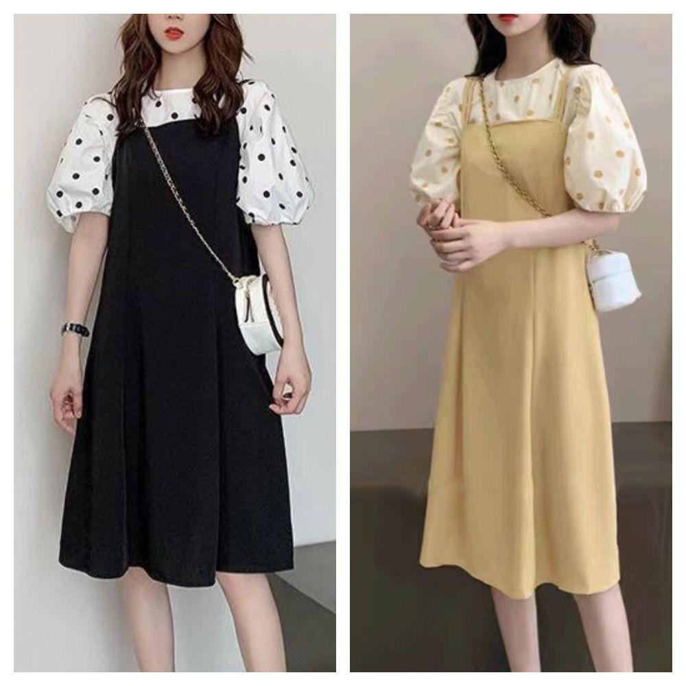 A-line Suspenders Dresses Women Dot T shirt Dress All-match Two Piece Set Dress Student