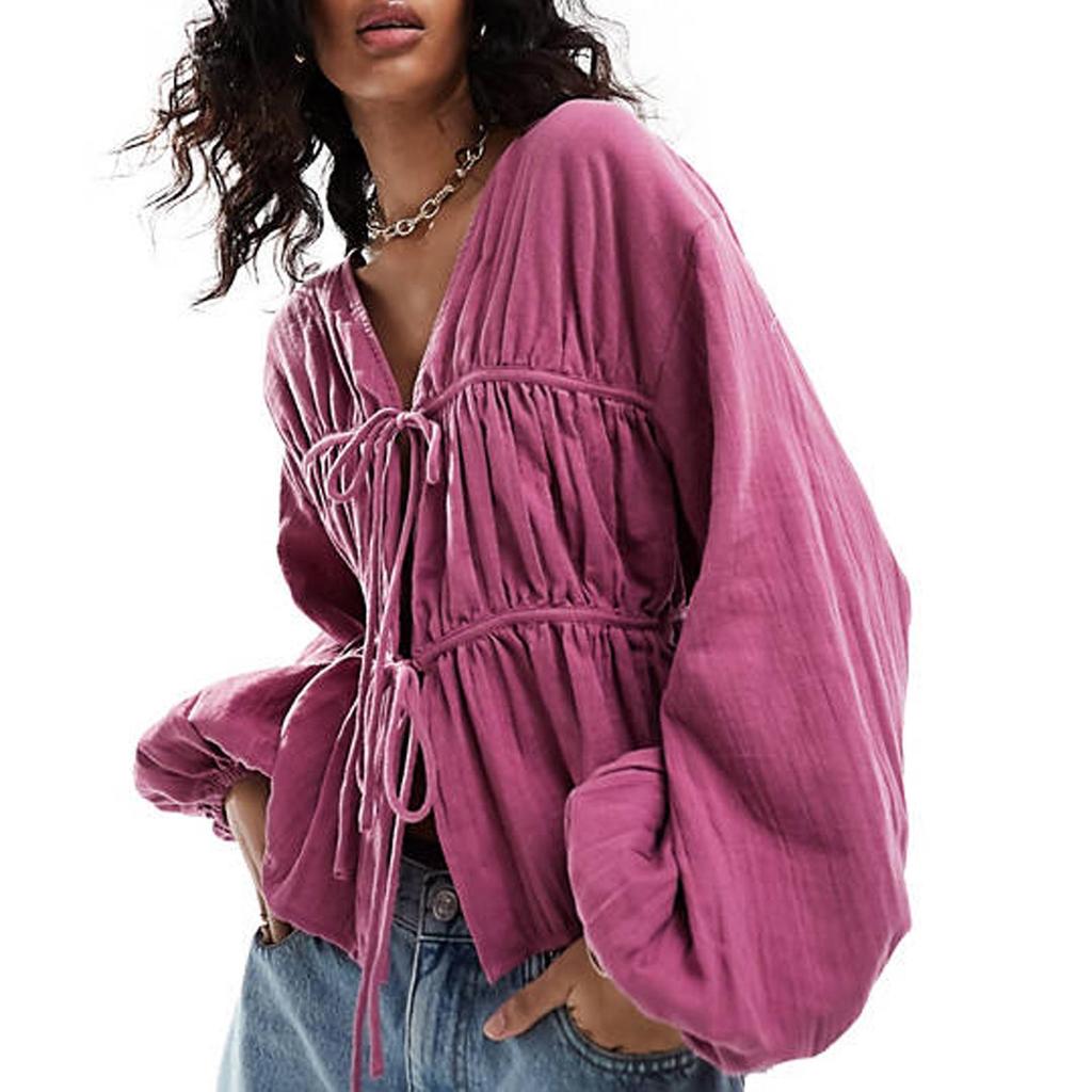 2024 Женская летняя рубашка с драпировкой, спущенным плечом и длинным рукавом